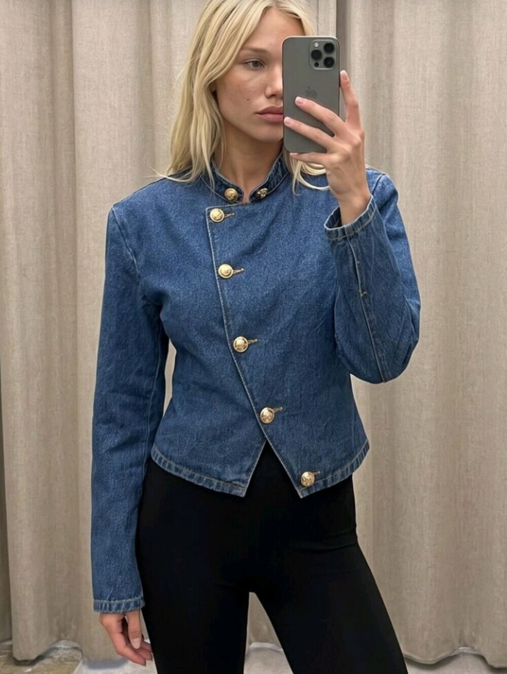 Cropped Denim Military Jacket With Gold Buttons Stand Collar Asymmetric
